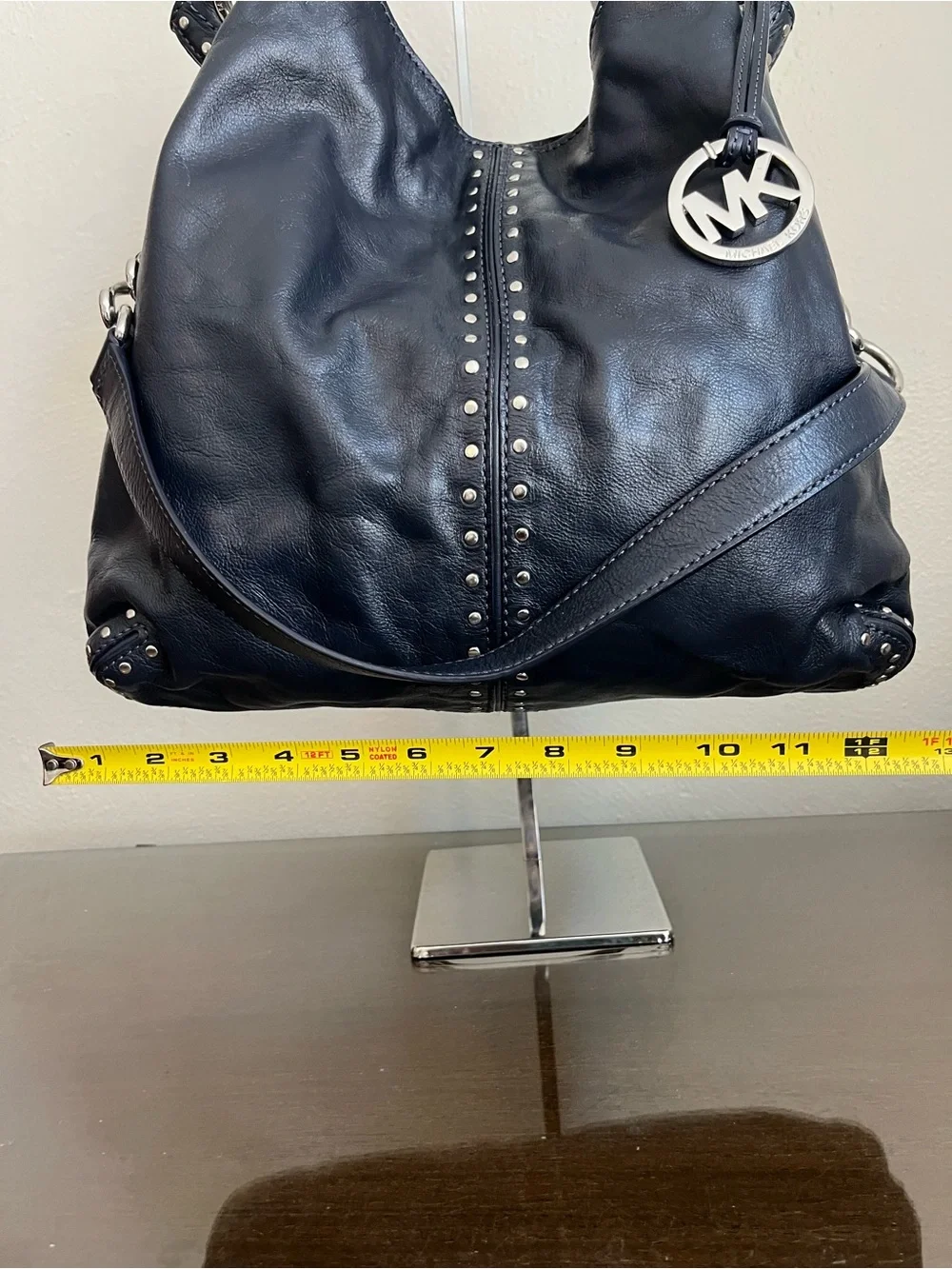 Michael Kors Navy Leather Studded Hobo Shoulder Bag with MK Charm